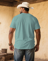 Men's Plus Size Lake Green Western Denim Pattern Corsage V-Neck Short Sleeve Tee